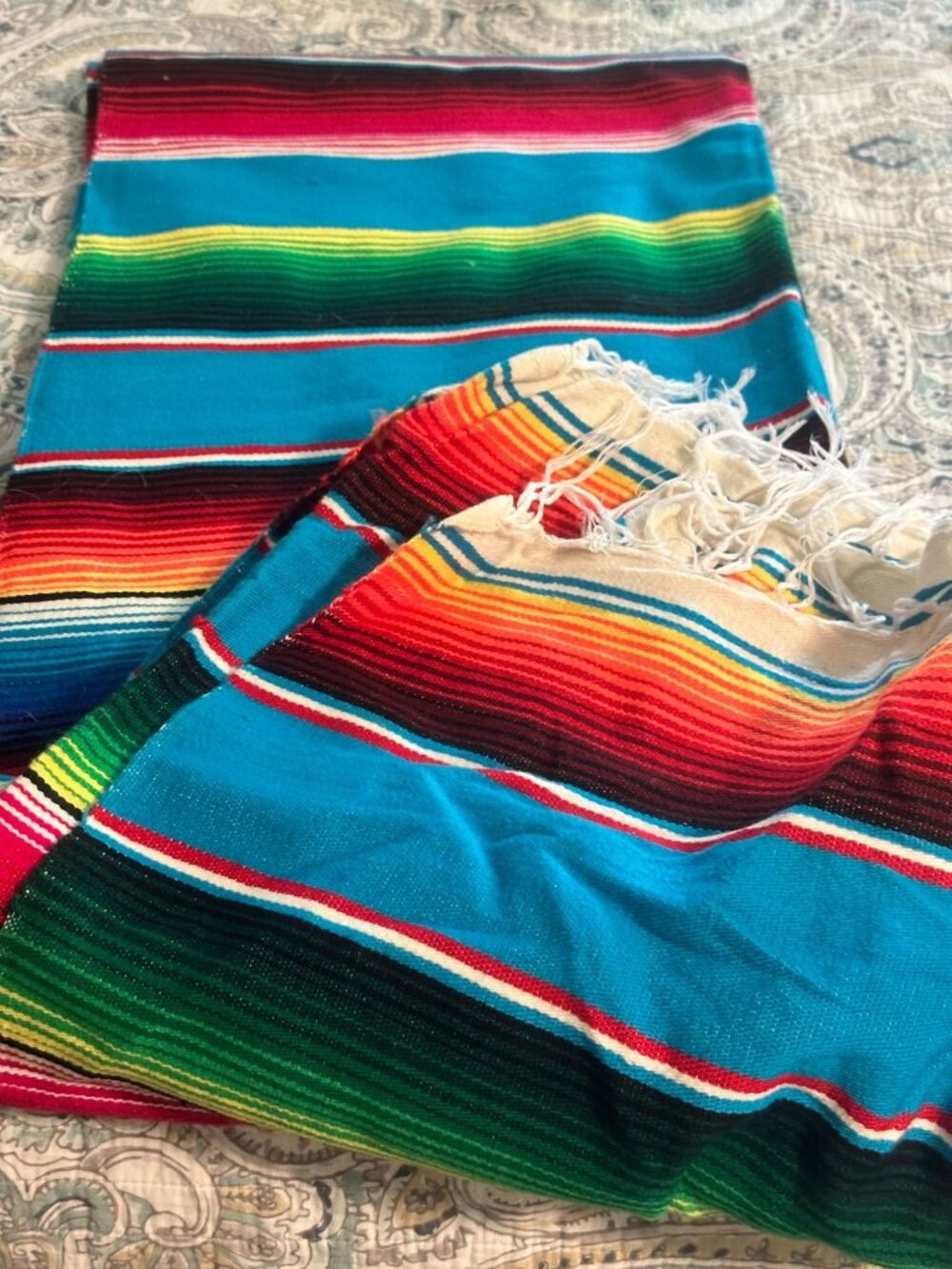 Vtg Mexican Blanket Woven Vibrant Multicolor Stripes Fringe Edges 80"x 60"